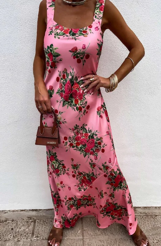 Alania Satin Floral Maxi Dress-Pink Fashionable Chiffon Tiered Maxi Dress