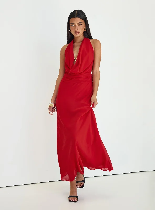 Alejandria Cowl Neck Maxi Dress Red Stylish Long Sleeve Maxi Dress