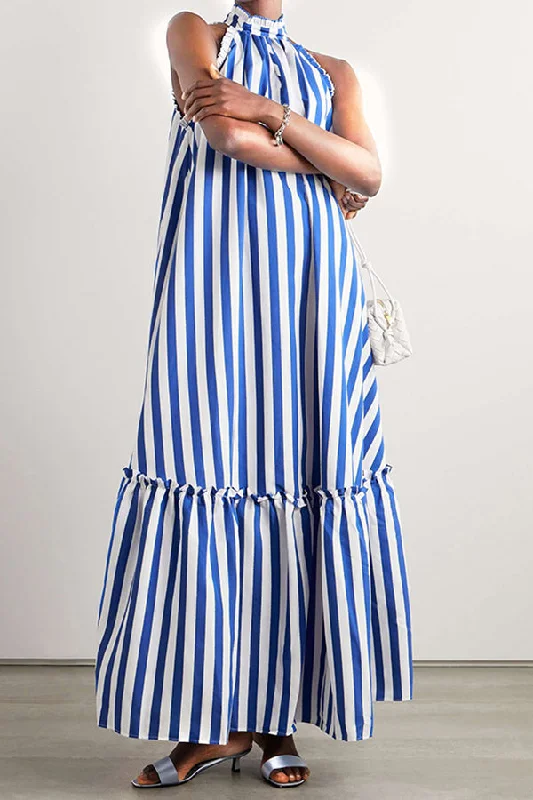 Vintage Striped Ruffle Hem Frill Trim Maxi Dress Stylish Boho Maxi Dress