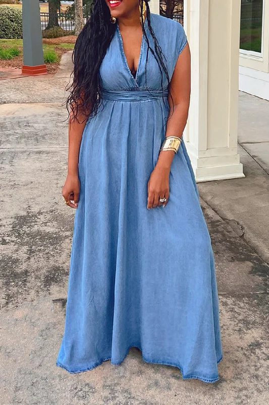 Vacation Denim Overlap Collar Maxi Dress Comfortable Ruffle Maxi Dress