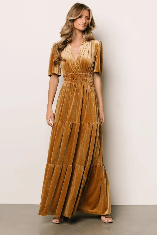 Artemis Velvet Maxi Dress | Dark Gold Trendy Short Sleeve Maxi Dress