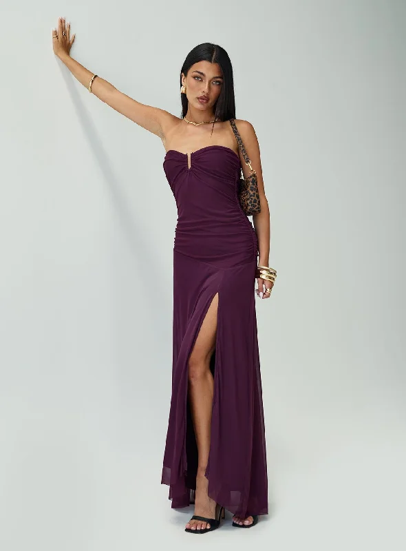 Barbarella Strapless Maxi Dress Purple Chic Boho Print Maxi Dress