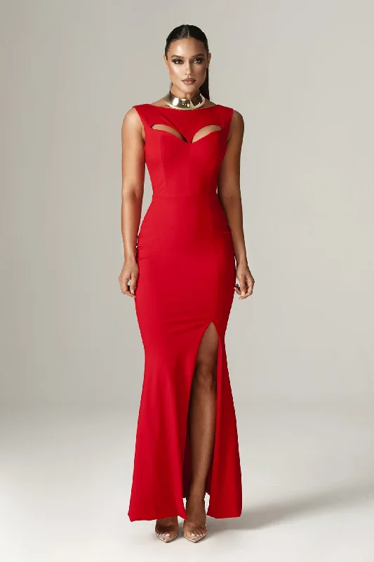 Belice Sweetheart Cut Out Maxi Dress (Red) Trendy Off-Shoulder Ruffle Maxi Dress