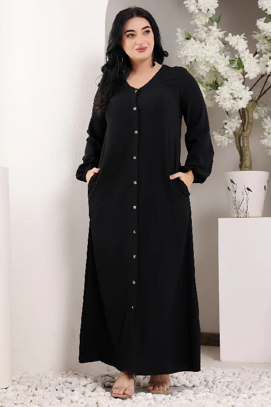 Black Solid Buttoned Maxi Dress with Long Sleeves Stylish Empire Waist Maxi Dress