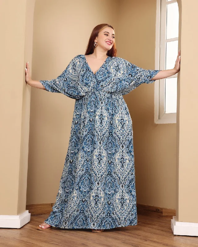 Blue & Beige Motif Printed Maxi Dress Elegant Maxi Dress with Belt