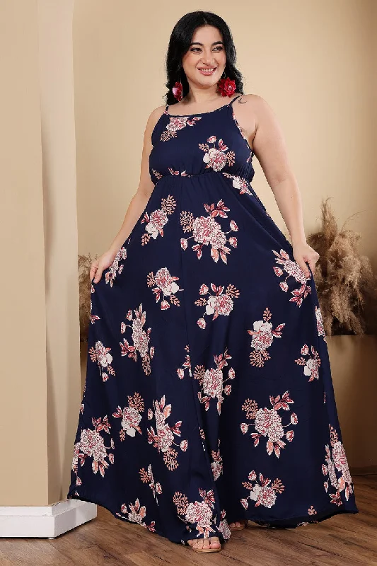 Blue & Red Floral Printed Maxi Dress Trendy Fit-and-Flare Maxi Dress