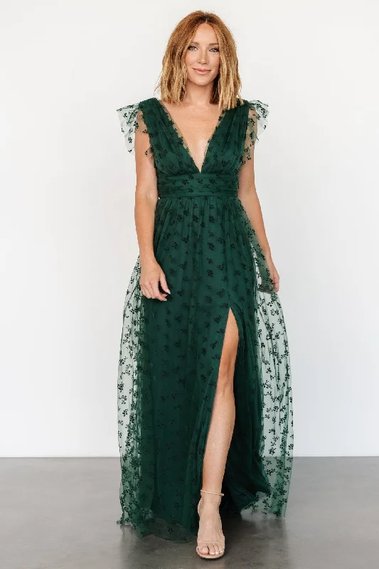 Caterina Tulle Maxi Dress | Dark Green Cozy Maxi Dress with Slit