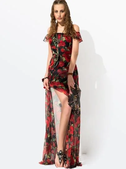 Red Floral Sleeveless Maxi Dress Elegant Maxi Dress with Drapes