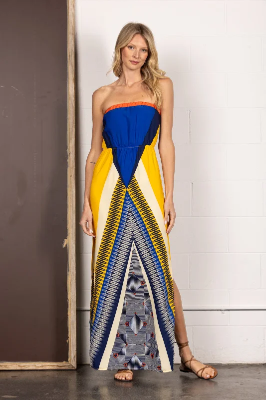 YELLOW BANDEAU CHEVRON PRINT SIDES SLIT MAXI DRESS D1576 Fashionable Sleeveless Maxi Dress