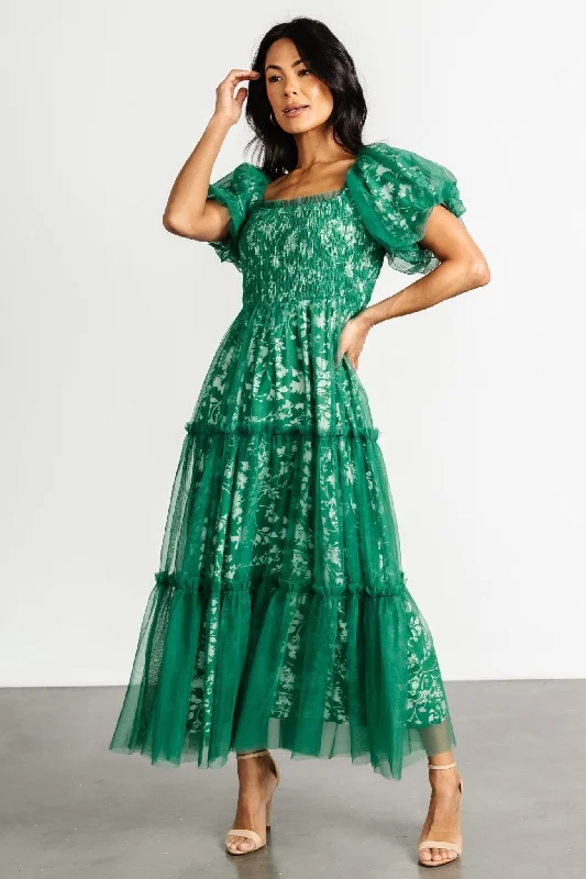 Doria Tulle Floral Maxi Dress | Green Trendy Maxi Dress with Belt