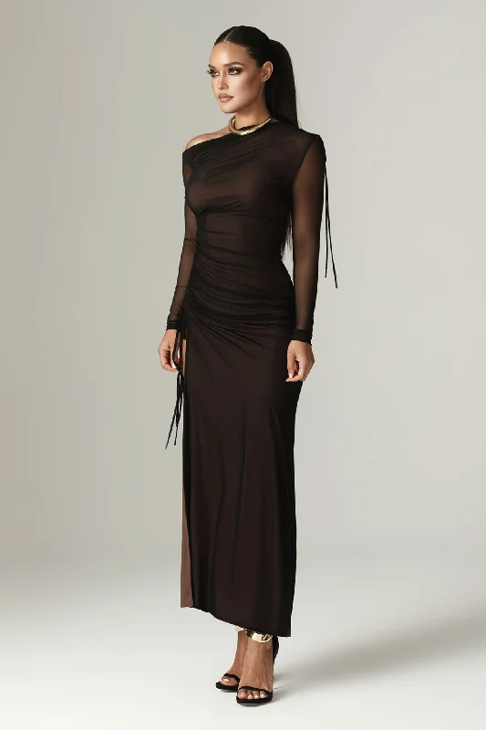 Dua Organza Ruched Mesh Cut Out Maxi Dress (Black) Comfortable Fit-and-Flare Maxi Dress