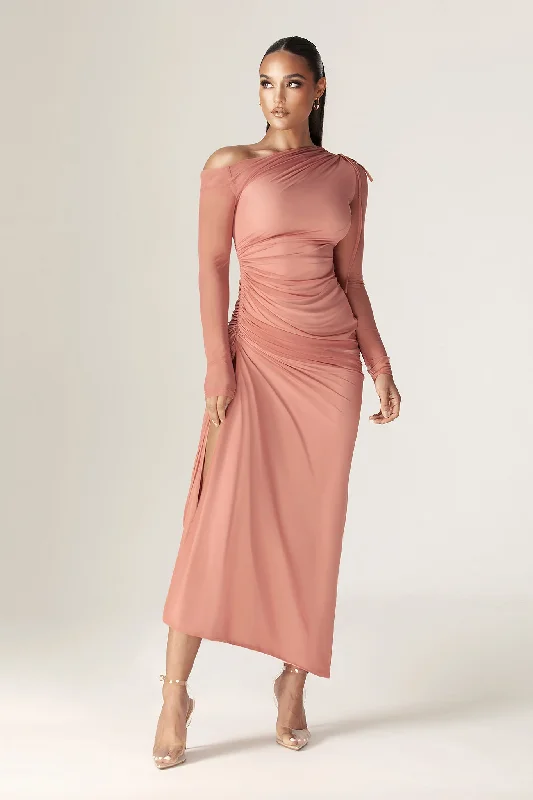 Dua Organza Ruched Mesh Long Sleeve Cut Out Maxi Dress (Rose) Cozy Longline Maxi Dress