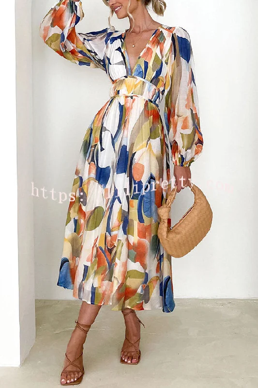 Lilipretty Eclipse Season Printed Long Sleeve Flowy Maxi Dress Trendy Maxi Dress with Belt