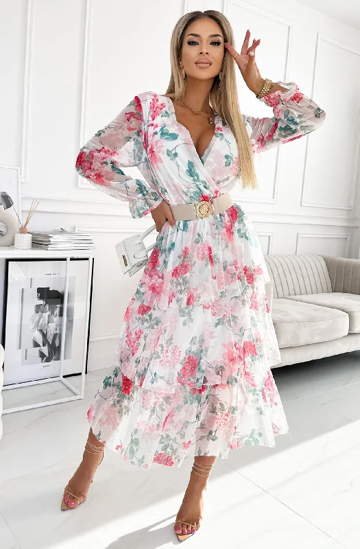 Edith Floral Chiffon Tiered Maxi Dress-Ivory Stylish Long Sleeve Maxi Dress