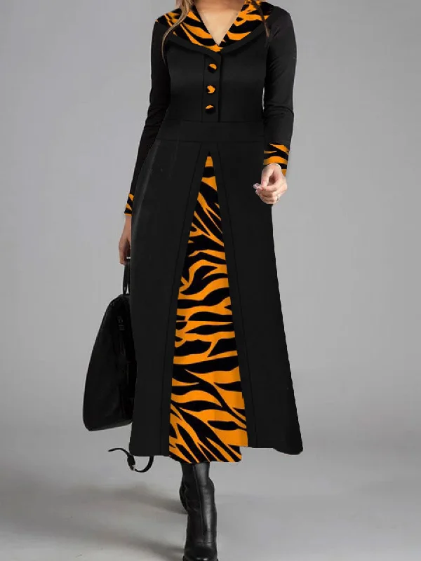 Elegant Retro Colorblock Leopard Print Long Sleeve Maxi Dress Elegant Silk Maxi Dress