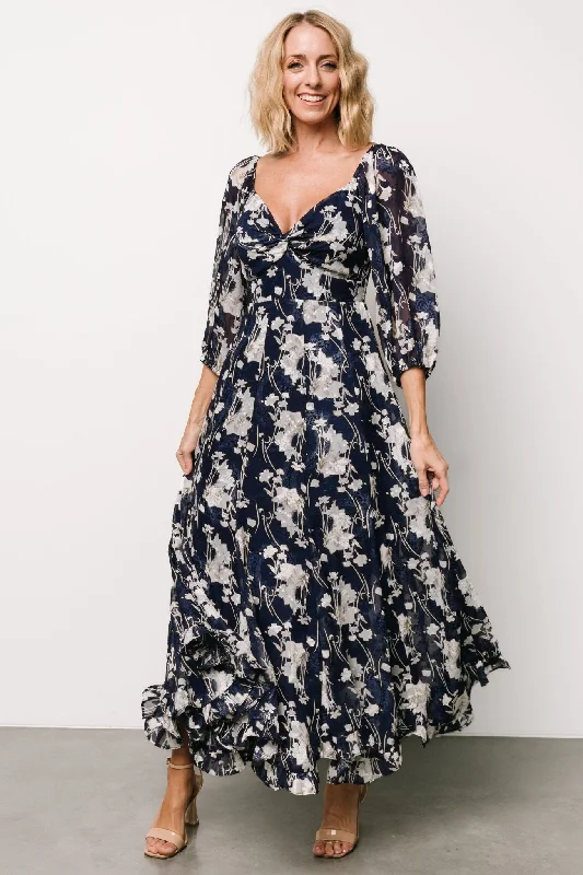 Estefania Maxi Dress | Navy + Off White Floral Fashionable High-Waist Maxi Dress