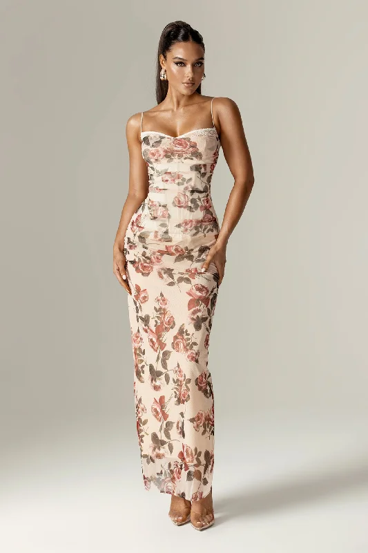 Evita Italian Rose Print Corset Maxi Dress (Rose Print) Comfortable Maxi Dress with Belt