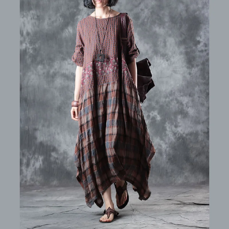 Fine chocolate linen maxi dress oversize o neck plaid grid patchwork linen gown 2018 half sleeve pockets caftans Classic Strapless Maxi Dress