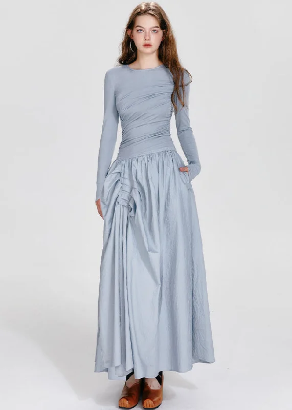 French Blue O-Neck Asymmetrical Wrinkled Maxi Dresses Fall Elegant Boho Maxi Dress