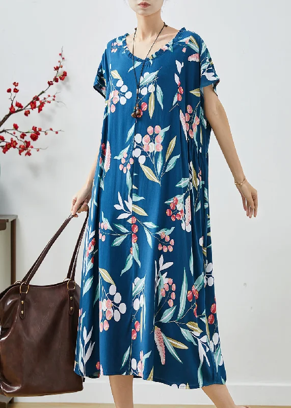 French Blue Oversized Print Cotton Maxi Dresses Summer Classic Tulle Maxi Dress