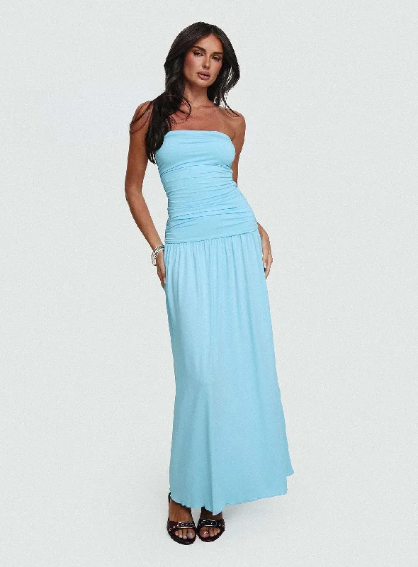 Glorie Strapless Maxi Dress Light Blue Elegant Velvet Maxi Dress