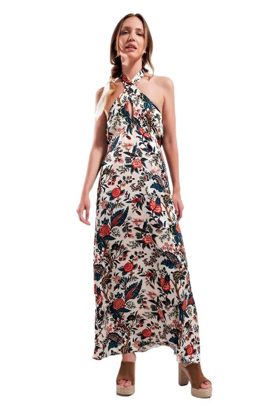 Halter Neck Maxi Dress In Beige Paisley Print Elegant Maxi Dress with Drapes