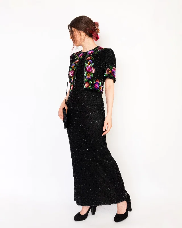 Hand Beaded Floral Sequin Embroidered Maxi Dress Black Elegant Sleeveless Maxi Dress