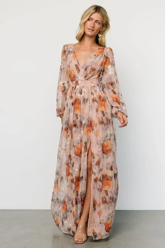 Helene Maxi Dress | Taupe Multi Elegant Maxi Dress with Pockets