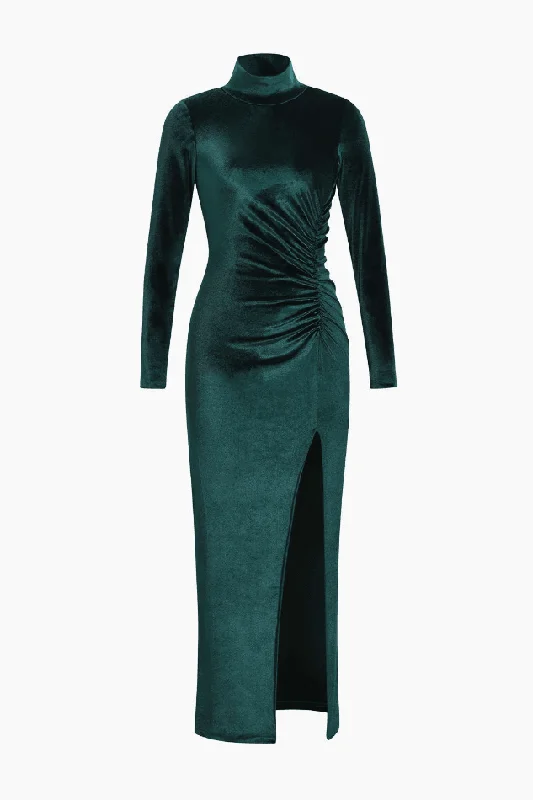 High Neck Ruched Slit Velvet Maxi Dress Elegant Velvet Maxi Dress