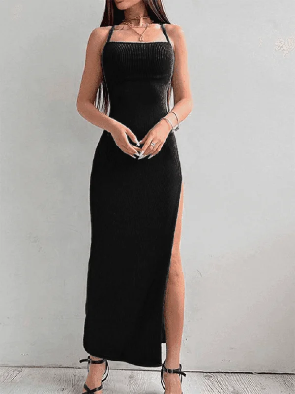 High Slit Slim Maxi Dress Comfortable Pleated Maxi Dress