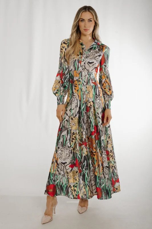 Holly Tiger Print Maxi Dress In Multi Stylish Off-Shoulder Maxi Dress