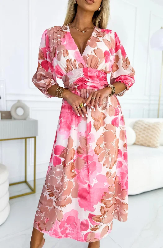 Jessica Chiffon Floral Maxi Dress-Hot Pink Trendy Button Front Maxi Dress