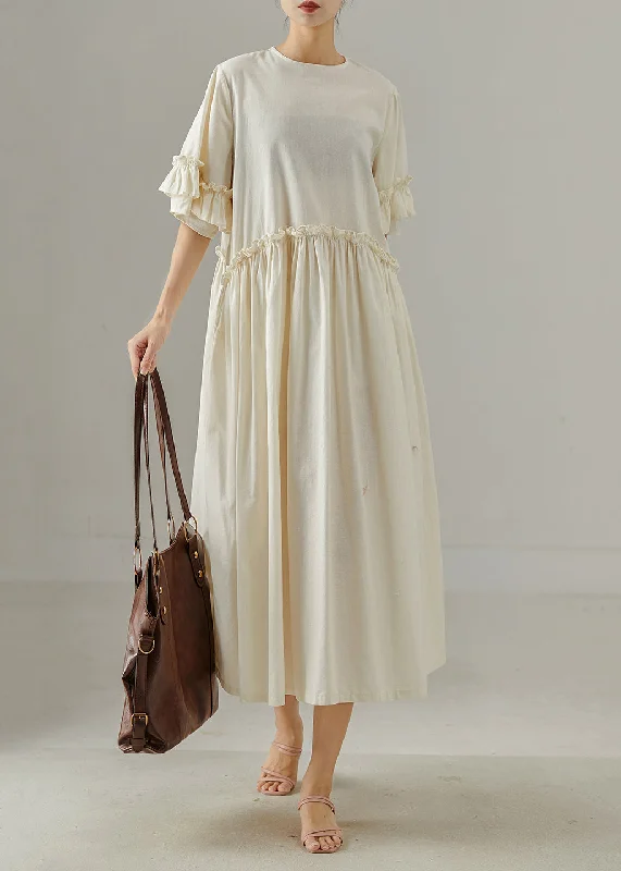 Khaki Loose Cotton Maxi Dresses Ruffled Summer Cozy Open-Back Maxi Dress