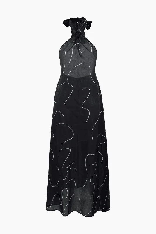 Line Print Halter Tie Maxi Dress Elegant Pleated Maxi Dress