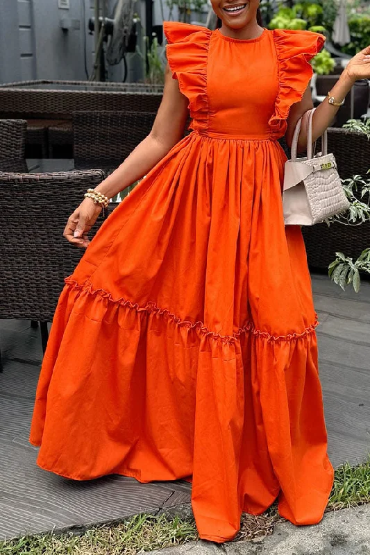 Stylish Flutter Sleeve Ruffle Hem Maxi Dress Trendy Maxi Dress with Lace