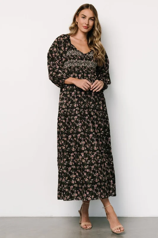 Louisa Smocked Maxi Dress | Black Floral Stylish Off-Shoulder Maxi Dress