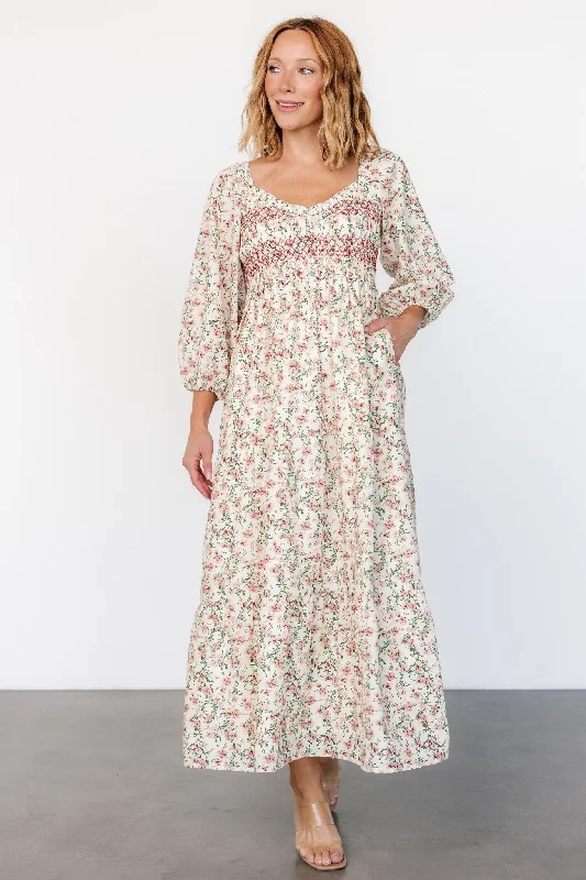 Louisa Smocked Maxi Dress | Cream Floral Elegant Wraparound Maxi Dress