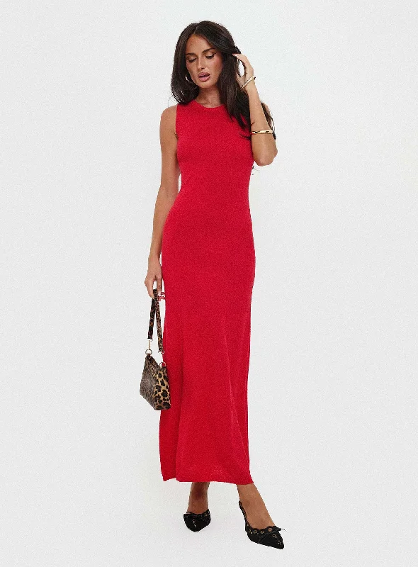 Maebie Knit Maxi Dress Red Stylish Button-Up Maxi Dress