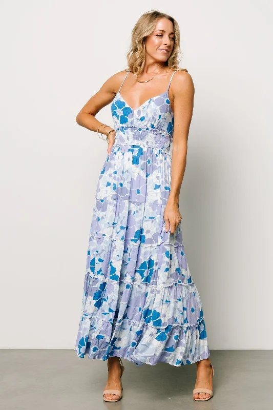 Malia Cross Back Maxi Dress | Blue + Purple Multi Comfortable Ruffle Maxi Dress