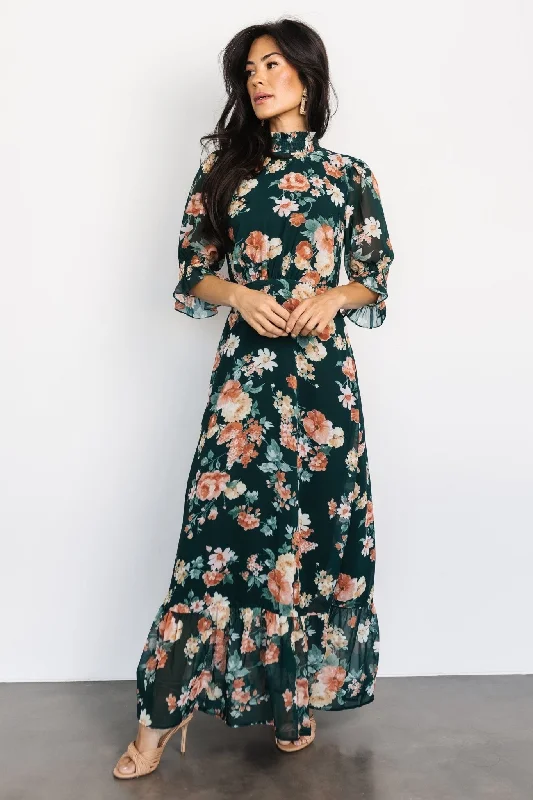 Marie Mock Neck Maxi Dress | Dark Green Floral Trendy A-Line Maxi Dress