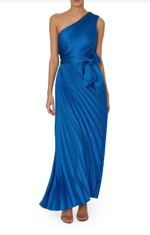 Milly Estelle Pleated Satin Maxi Dress Blue Cozy Ruffle Sleeve Maxi Dress