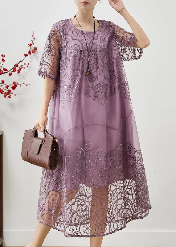 Modern Lavender Embroidered Tulle Maxi Dresses Summer Elegant Pleated Maxi Dress