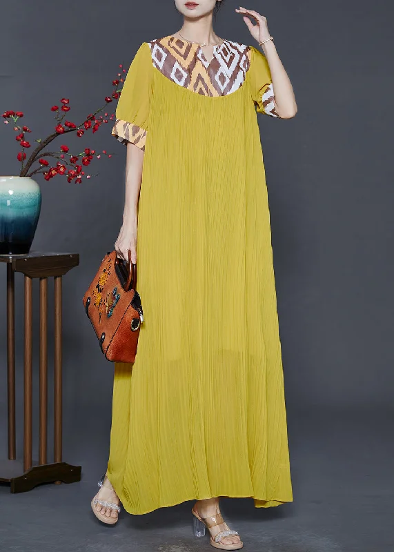 Modern Yellow Oversized Patchwork Chiffon Maxi Dress Summer Casual Maxi Dress with Pockets