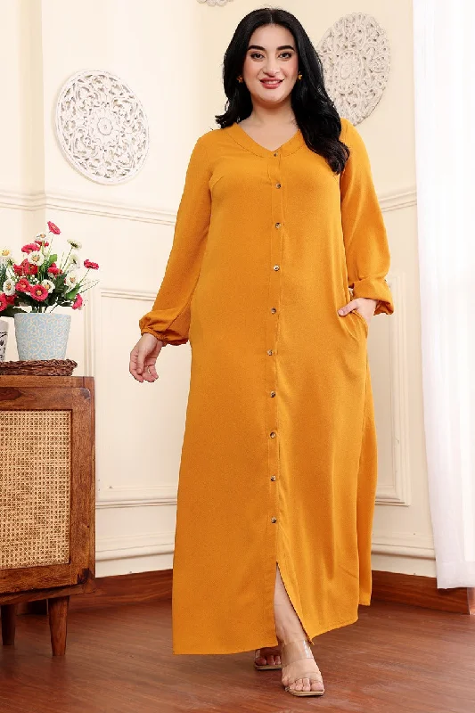 Mustard Solid Buttoned Maxi Dress Comfortable Cotton Maxi Dress