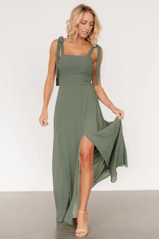 Necia Tie Shoulder Maxi Dress | Dark Sage Comfortable Pleated Maxi Dress