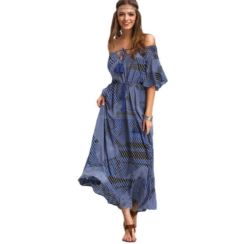 Vintage Tie-waist Ruffled Maxi Dress Comfortable Maxi Dress with Sleeves