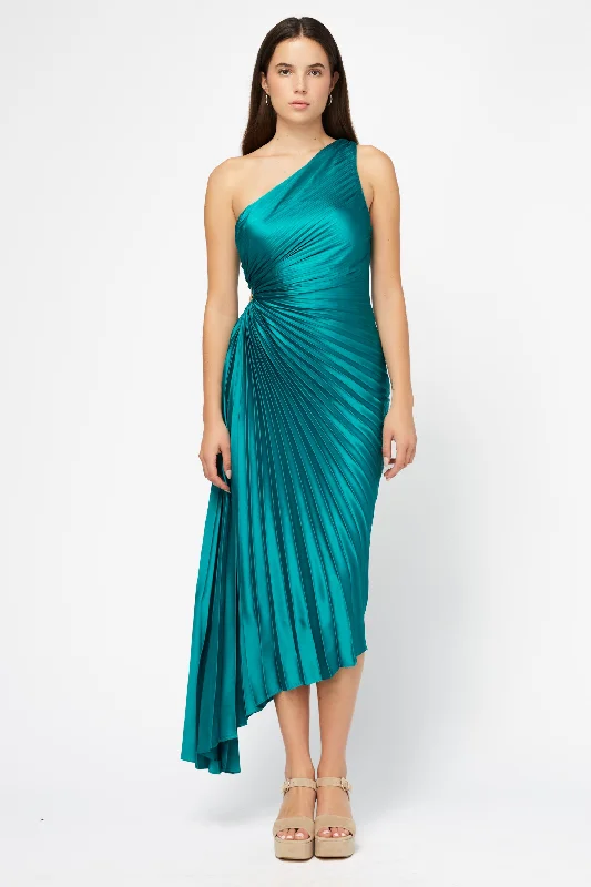 Reagan One Shoulder Pleated Hi Lo Maxi Dress Stylish Pleated A-Line Maxi Dress