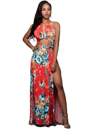 Orange Floral Women's Maxi Dress Stylish Longline Maxi Dress