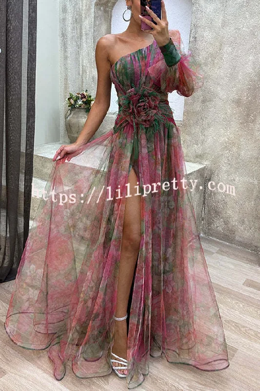 Lilipretty Picturesque Beauty Tulle Floral Pleated One Shoulder Sleeve Slit Maxi Dress Elegant Wraparound Maxi Dress