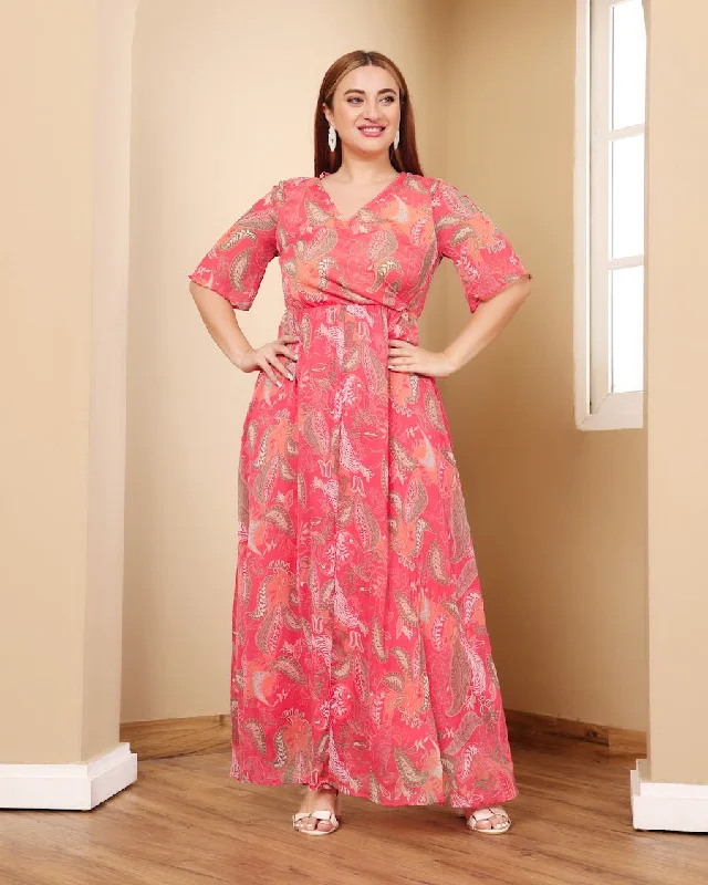 Pink Motif Printed Maxi Dress Stylish Maxi Dress with Frills